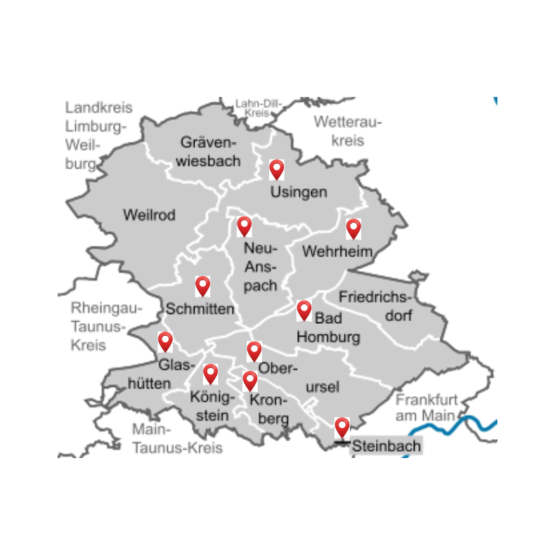 Die Abbildung zeigt die Standorte, an denen die Weiß Elfen Taunus Ihre Leistungen anbieten