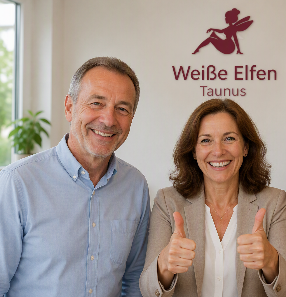 Willkommen bei Weiße Elfen Taunus Das Bild zeigt eine Frau mit beiden Daumen hoch, sowie einen Mann; beide Personen lächeln; Im Hintergrund ist das Logo Weiße Elfen Taunus